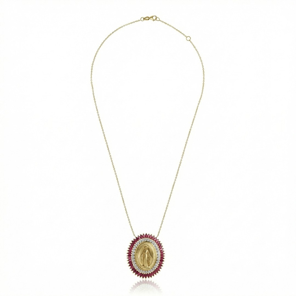 [072885] Colar Nossa Senhora das Graças Navetes Rubi 4,00ct 32 Brilhantes 0,49ct 45cm 13,70g Ouro Amarelo 18k