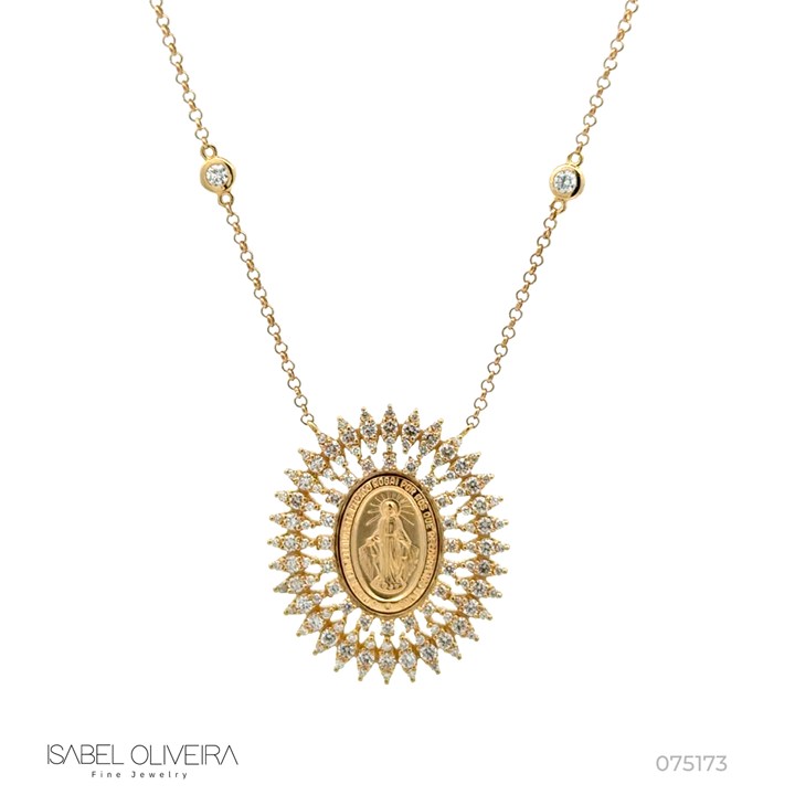 Colar Nossa Senhora das Graças 116 Brilhantes 1,38ct H VS2 6 Pastilhas 0,27ct g VS2 45cm 11,32g Ouro Amarelo 18k - Coleção Fe Santos