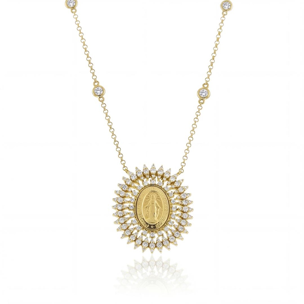[076520] Colar Nossa Senhora das Graças 122 Brilhantes 0,96ct 6 Pastilhas 0,26ct H VS2 45cm 9,0g Ouro Amarelo 18k - Coleção Fe Santos