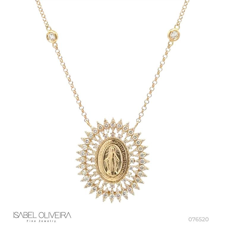Colar Nossa Senhora das Graças 122 Brilhantes 0,96ct 6 Pastilhas 0,26ct H VS2 45cm 9,0g Ouro Amarelo 18k - Coleção Fe Santos