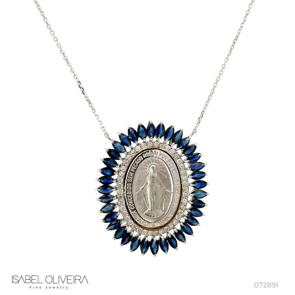 Colar Nossa Senhora das Graças 36 Safira Azul Navete 7,52ct 42 Brilhantes 0,50ct 45cm 12,34g Ouro Branco 18k