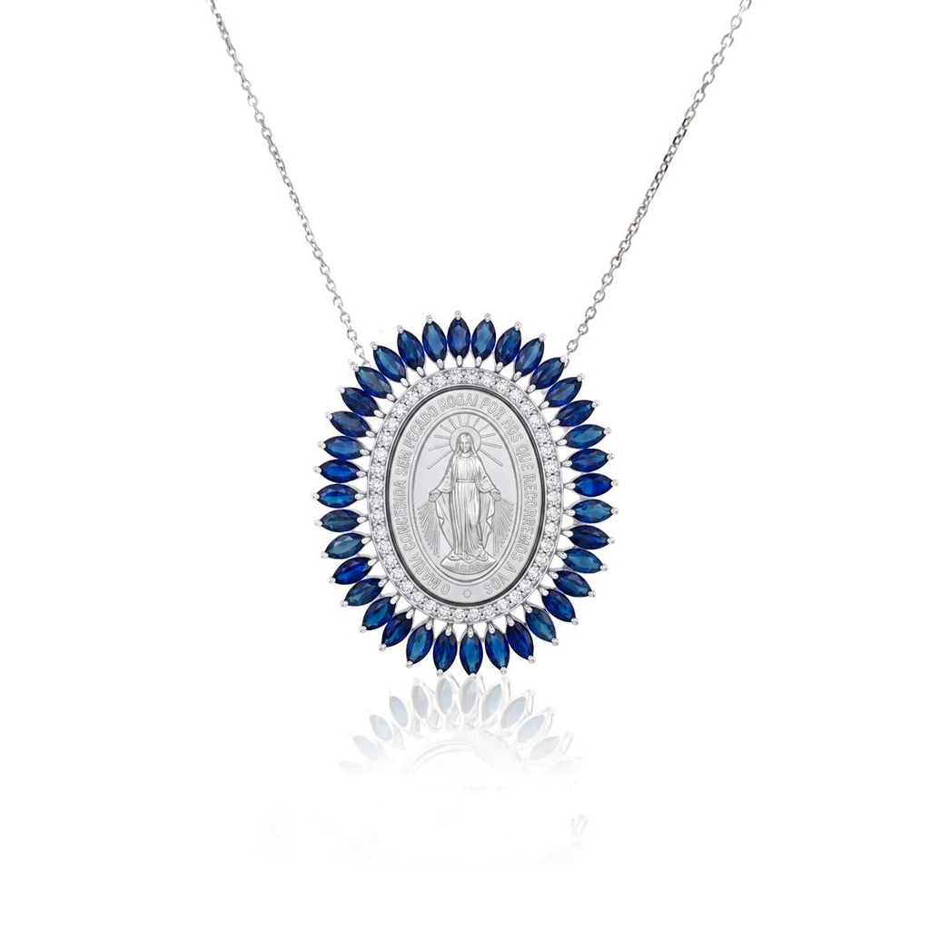 [072891] Colar Nossa Senhora das Graças 36 Safira Azul Navete 7,52ct 42 Brilhantes 0,50ct 45cm 12,34g Ouro Branco 18k