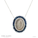 Colar Nossa Senhora das Graças 36 Safira Azul Navete 7,52ct 42 Brilhantes 0,50ct 45cm 12,34g Ouro Branco 18k