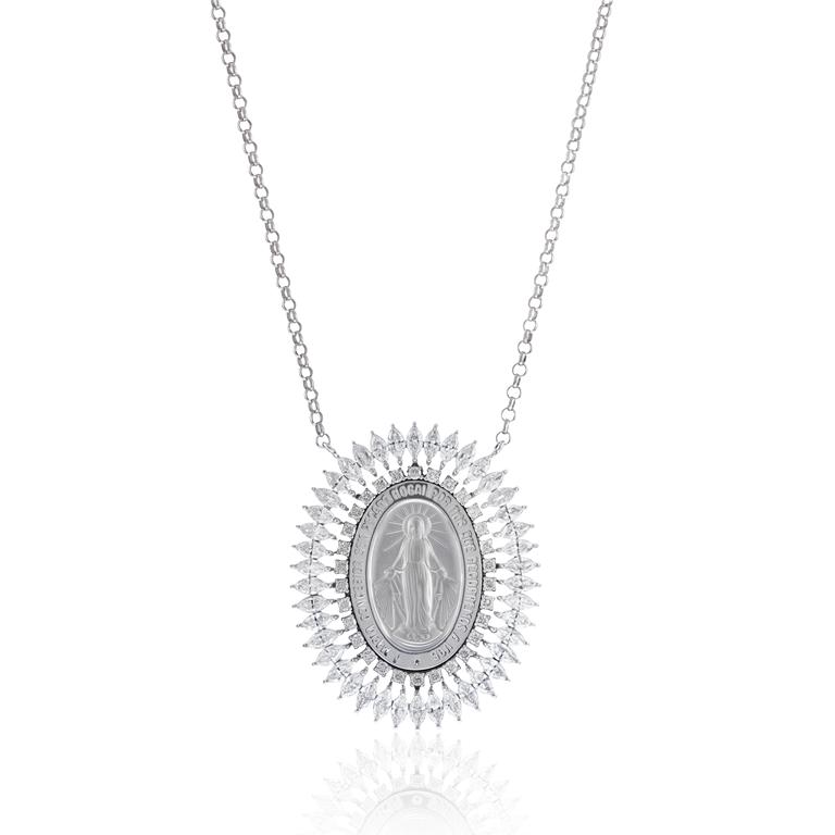 [076596] Colar Nossa Senhora das Graças 42 Diamantes Navetes 2,75ct 30 Brilhantes 0,46ct H VS2 45cm 12,95g Ouro Branco 18k - Coleção Fe Santos