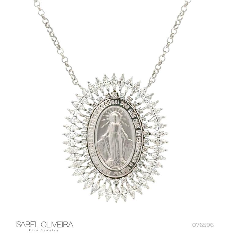 Colar Nossa Senhora das Graças 42 Diamantes Navetes 2,75ct 30 Brilhantes 0,46ct H VS2 45cm 12,95g Ouro Branco 18k - Coleção Fe Santos