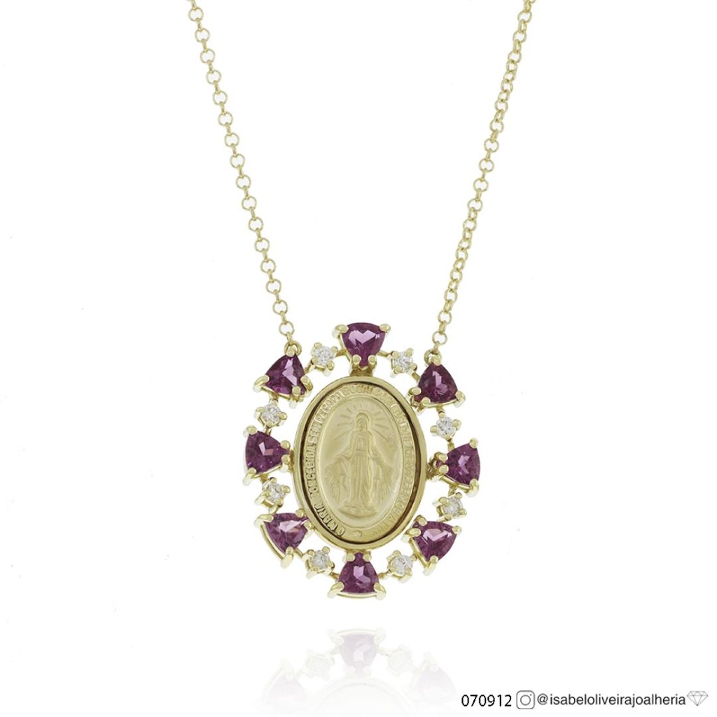 Colar Nossa Senhora das Graças 8 Rubelitas Trillion 1,71ct 8 Brilhantes 0,20ct g VS1 Fio Duplo de Couro Preto 45cm 7,17g Ouro Amarelo 18k - Coleção Fe Santos