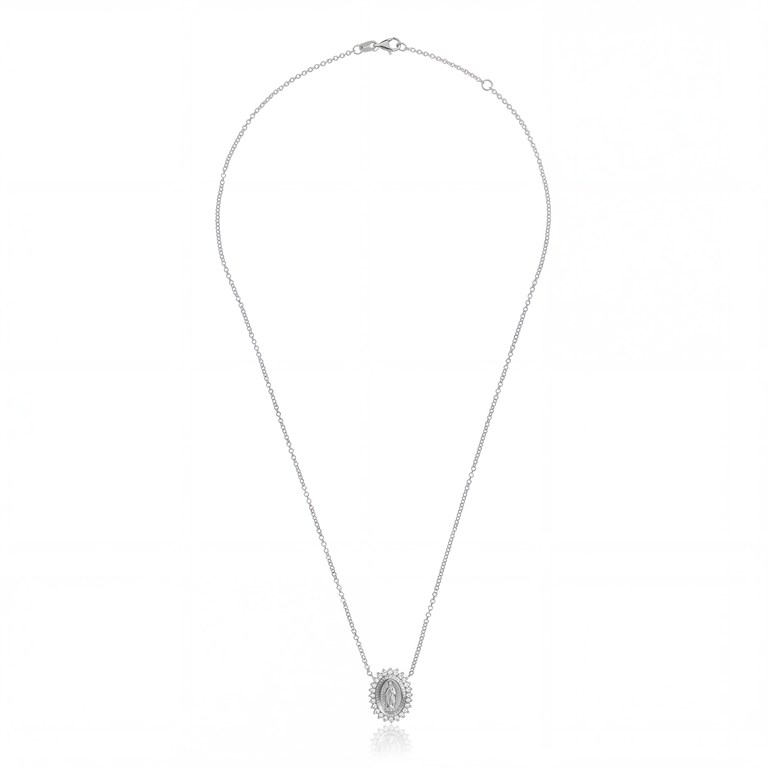 [074560] Colar Nossa Senhora das Graças Oval 24 Brilhantes 0,33ct H VS2 45cm 4,24g Ouro Branco 18k - Coleção Fe Santos