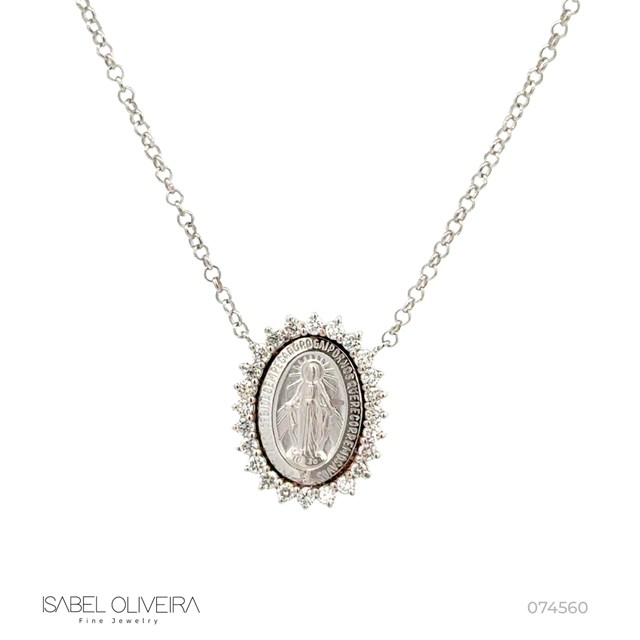 Colar Nossa Senhora das Graças Oval 24 Brilhantes 0,33ct H VS2 45cm 4,24g Ouro Branco 18k - Coleção Fe Santos