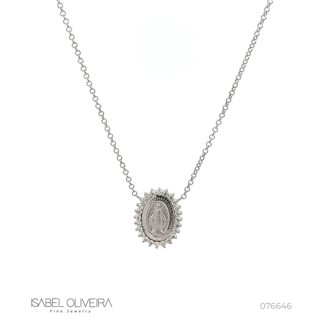 Colar Nossa Senhora das Graças Oval 24 Brilhantes 0,34ct g VS1 45cm 4,20g Ouro Branco 18k - Coleção Fe Santos