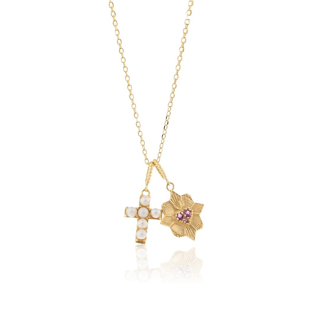 [054072] Colar Pingente de Cruz 6 Pérolas e 3 Rodolitas 0,48cts Elo Português 50cm 5,0gr Ouro Amarelo 18k - Coleção Fe Santos