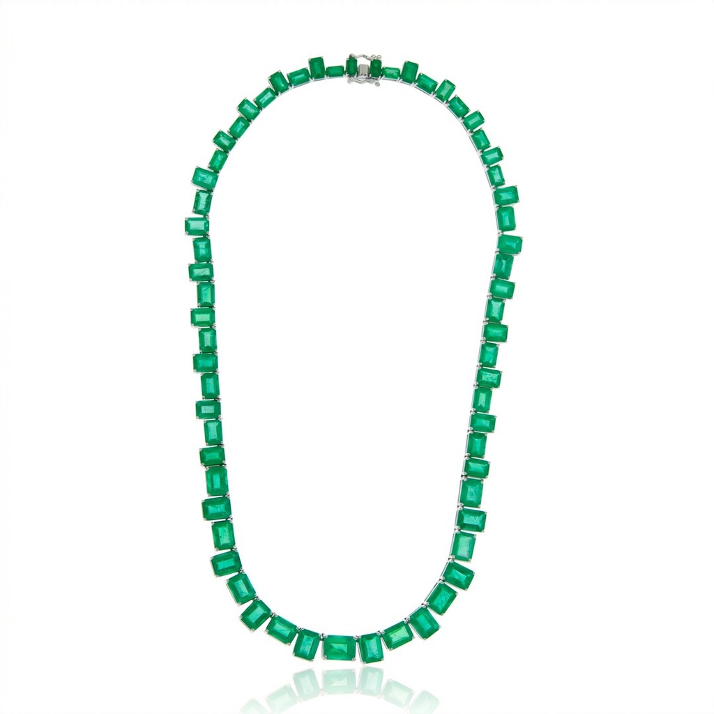 Colar 63 Esmeraldas Brasileiras Octogonais 56,72ct em Ouro Branco 18k