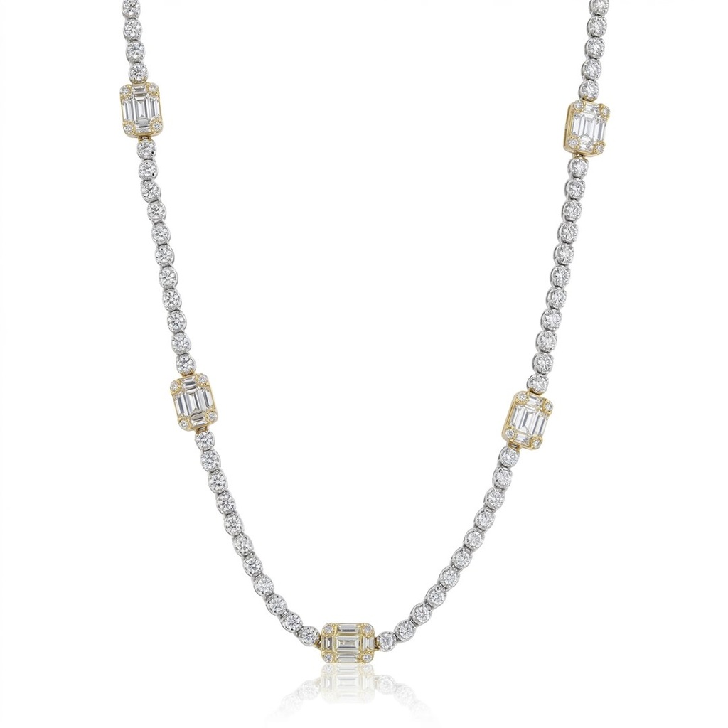 [076797] Colar Riviera Caixa Coroa 15 Diamantes Baguetes 0,63ct 10 Trapézios 0,18ct 84 Brilhantes 1,29ct com Corrente 40cm 7,82g Ouro Branco e Amarelo 18k - Coleção Rivieras