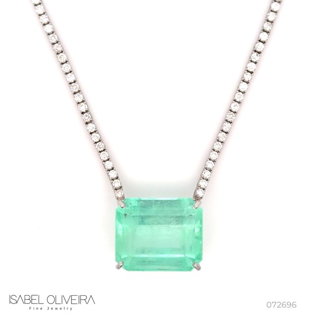 [072696] Colar Riviera Esmeralda Colombiana Octogonal 32,12ct com Diamantes em Ouro Branco 18k