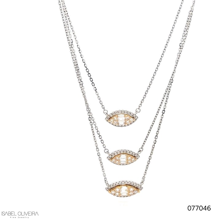 Colar Triplo 9 Diamantes Trapézios 0,23ct 90 Brilhantes 0,60ct 43cm 4,53g Ouro Branco 18k - Coleção Onassis