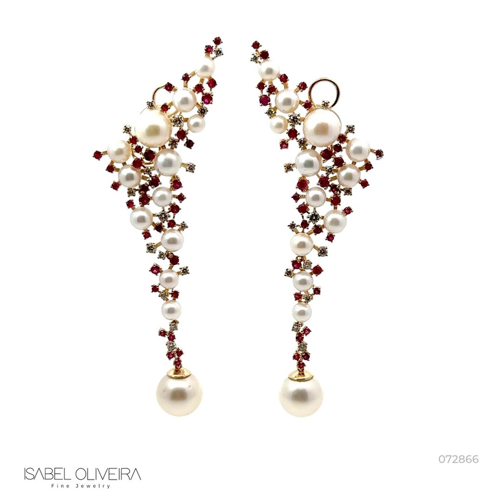 Ear Cuff Longo 26 Pérolas 72 Rubis 2,51ct 34 Brilhantes 0,90ct Cor H VS2 22,10g Ouro Branco 18k
