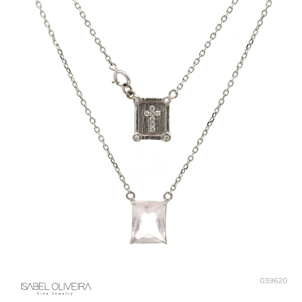 [039620] Escapulário 1 Quartzo Rosa Retangular 2,08ct Cruz 11 Brilhantes 0,05ct I SI1 40cm 3,50g Ouro Branco 18k - Coleção Escapulário Premium