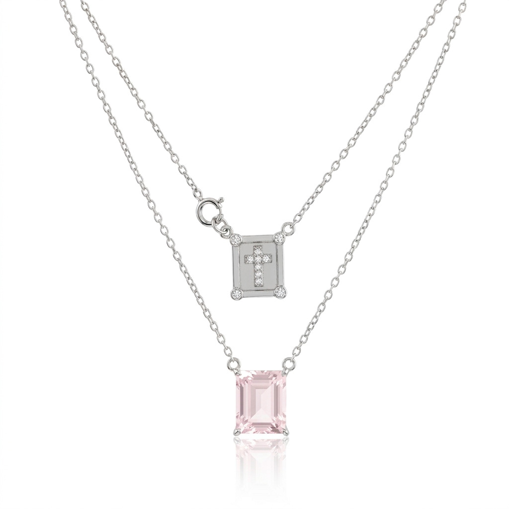 [039620] Escapulário 1 Quartzo Rosa Retangular 2,08ct Cruz 11 Brilhantes 0,05ct I SI1 40cm 3,50g Ouro Branco 18k - Coleção Escapulário Premium