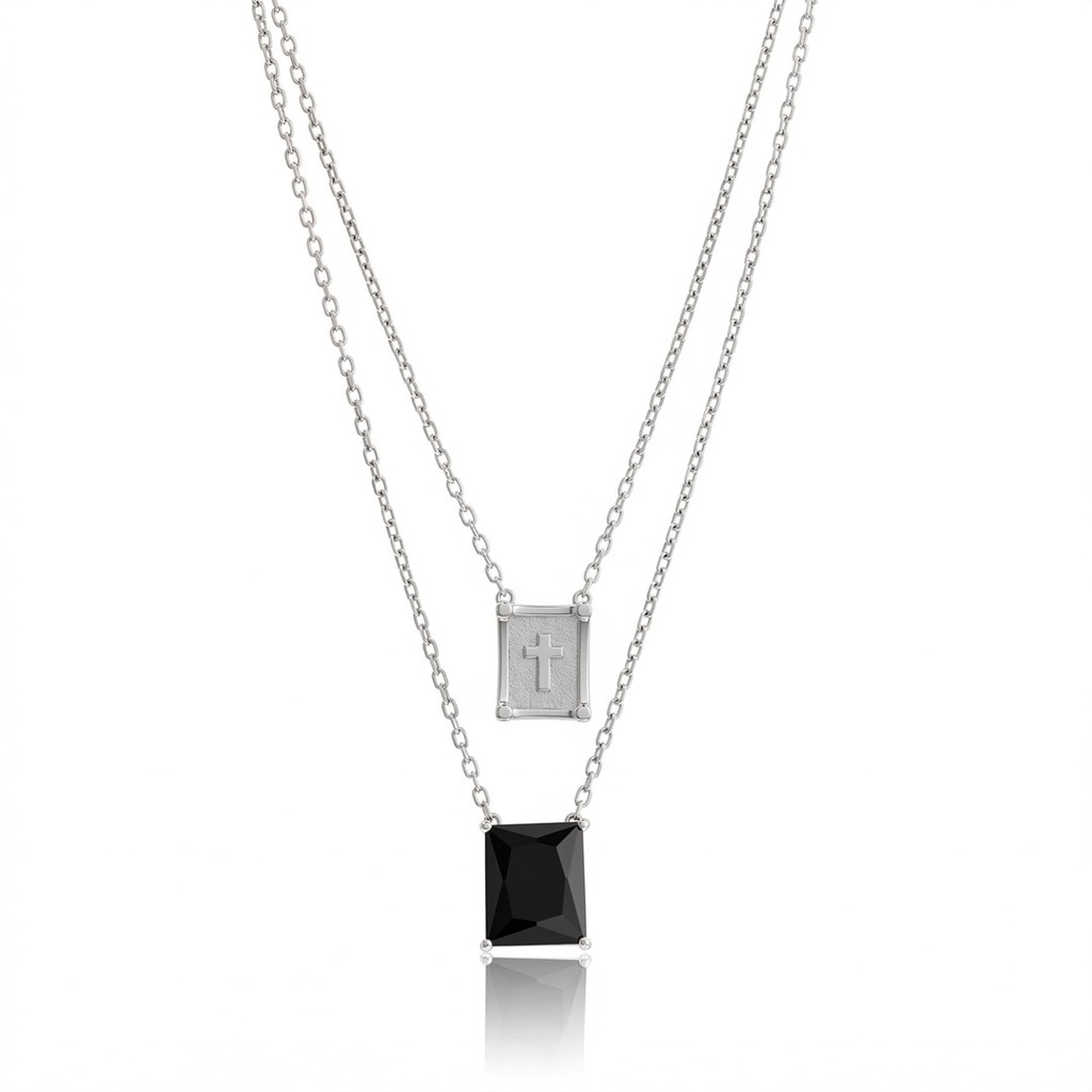 [063496] Escapulário 9x11mm Cruz e Ônix Retangular 3,25ct 60cm 6,14g Ouro Branco 18k- Coleção Escapulário Premium
