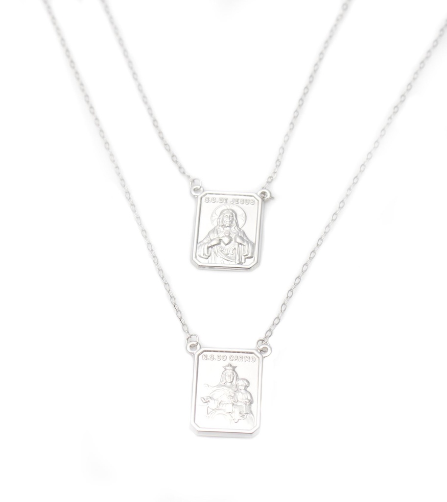 [036996] Escapulário Face Simples Retangular Sagrado Coração de Jesus e Nossa Sra Carmo 12x17mm Corrente Cartier Fechada 60cm 2,90g Ouro Branco 18k - Coleção Escapulário