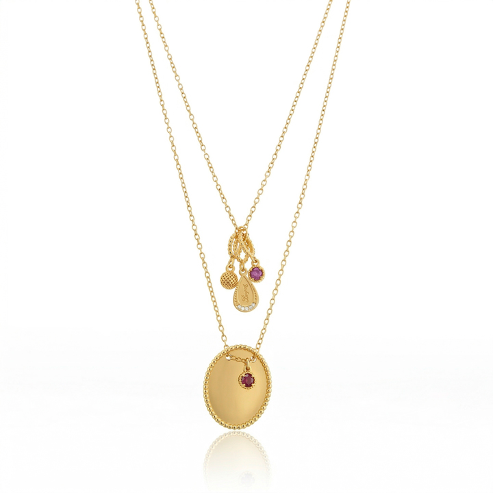 [054525] Escapulário Fe 2 Rodolitas 0,32ct e 3 Brilhantes 0,03ct 32cm 5,70g Ouro Amarelo 18k - Coleção Escapulário Premium