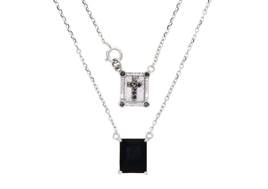 Escapulário Infantil 1 Ônix Retangular Cruz 11 Brilhantes Negros 0,06ct 3,50g Ouro Branco 18k - Coleção Escapulário Premium
