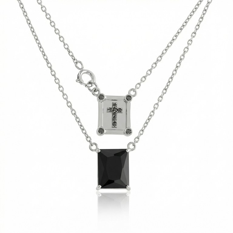 [039621] Escapulário Infantil 1 Ônix Retangular Cruz 11 Brilhantes Negros 0,06ct 3,50g Ouro Branco 18k - Coleção Escapulário Premium