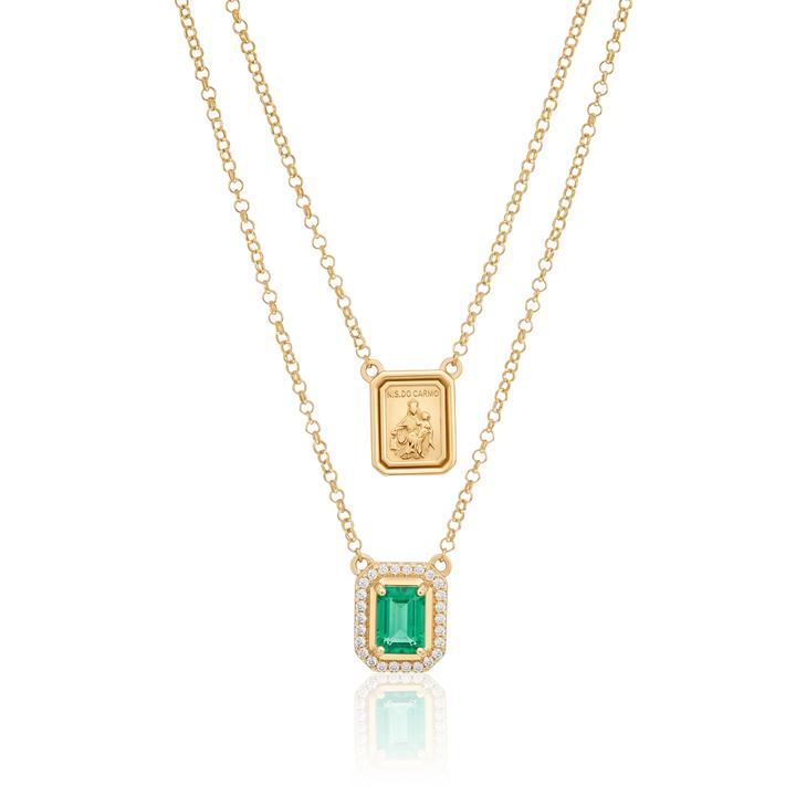 Escapulário Nossa Senhora do Carmo Esmeralda Brasileira 0,60ct 26 Brilhantes 0,12ct 60cm 5,40g Ouro Amarelo 18k - Coleção Escapulário Premium