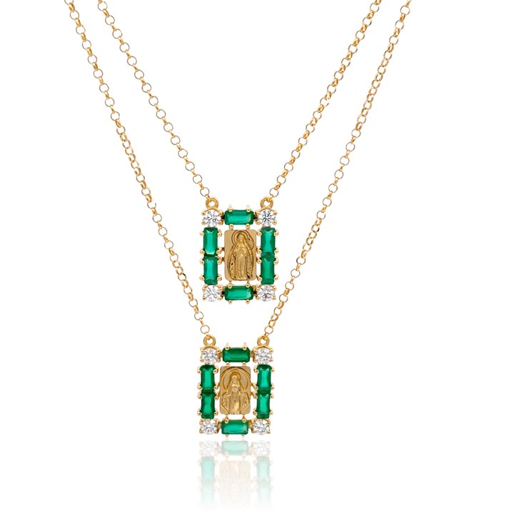 [057126] Escapulário Retangular Sagrado Coração 12 Crisopázios Retangular 6 Topázios Brancos Redondo 14,04ct 50cm 5,70g Ouro Amarelo 18k - Coleção Escapulário Premium