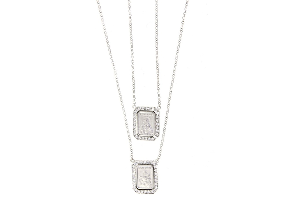 Escapulário Retangular Sagrado Coração de Jesus e Nossa Sra Carmo 56 Brilhantes 0,65ct I SI1 7,20g Ouro Branco 18k - Coleção Escapulário Premium