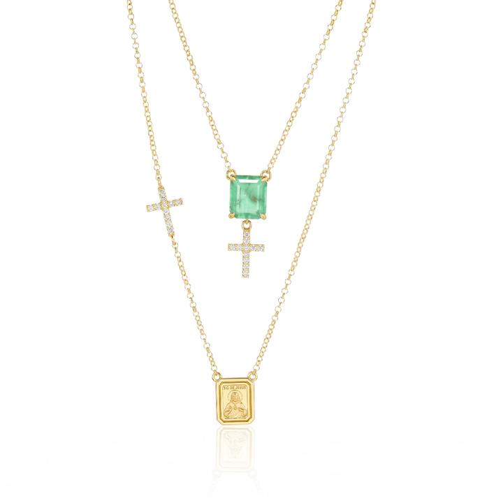 Escapulário Sagrado Coração de Jesus e Nossa Sra Carmo Esmeralda Colombiana Octogonal 2,46ct 22 Brilhantes 0,37ct H VS2 6,26g Ouro Amarelo 18k - Coleção Escapulário Premium