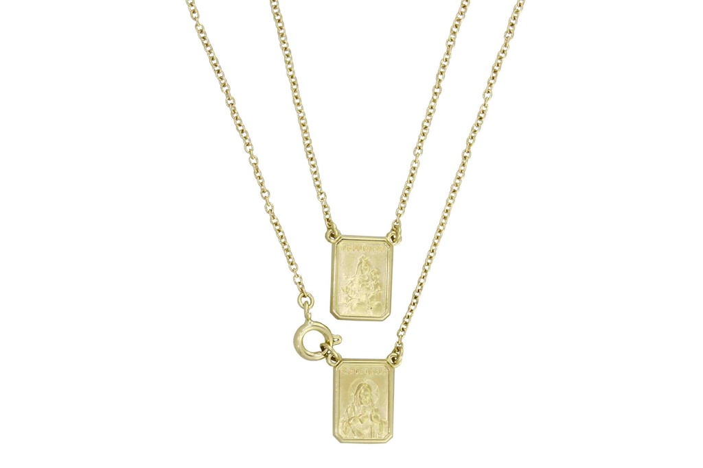 [044879] ESCDU48AP-Escapulário Infantil Face Dupla Retangular 9x12mm Sagrado Coração de Jesus e Nossa Sra Carmo Corrente Cartier 48cm 3,10g a 3,30g Ouro Amarelo 18k - Coleção Escapulário