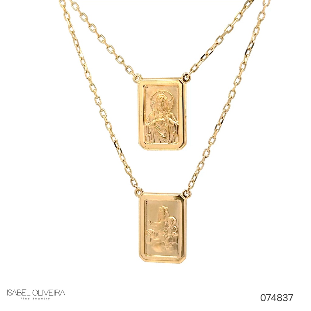 ESCDU60AG-ESCAPULARIO Face Dupla Retangular 15X22MM Sagrado Coraçao de Jesus e Nossa Sra Carmo Corrente Cartier 60CM 13,84G Ouro Amarelo 18K - Coleçao Escapulario