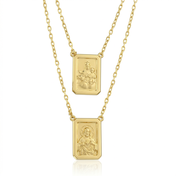 [074837] ESCDU60AG-Escapulário Face Dupla Retangular 15x22mm Sagrado Coração de Jesus e Nossa Sra Carmo Corrente Cartier 60cm 13,84g Ouro Amarelo 18k - Coleção Escapulário