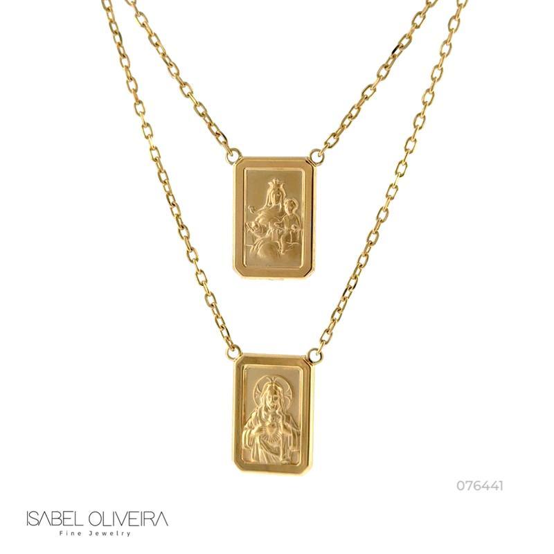 [076441] ESCDU60AG-ESCAPULARIO Face Dupla Retangular 15X22MM Sagrado Coraçao de Jesus e Nossa Sra Carmo Corrente Cartier 60CM 14,18G Ouro Amarelo 18K - Coleçao Escapulario