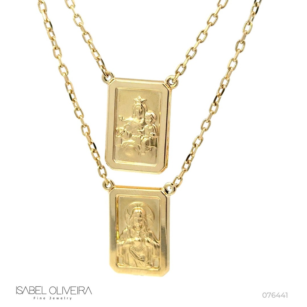 ESCDU60AG-Escapulário Face Dupla Retangular 15x22mm Sagrado Coração de Jesus e Nossa Sra Carmo Corrente Cartier 60cm 14,22g Ouro Amarelo 18k - Coleção Escapulário