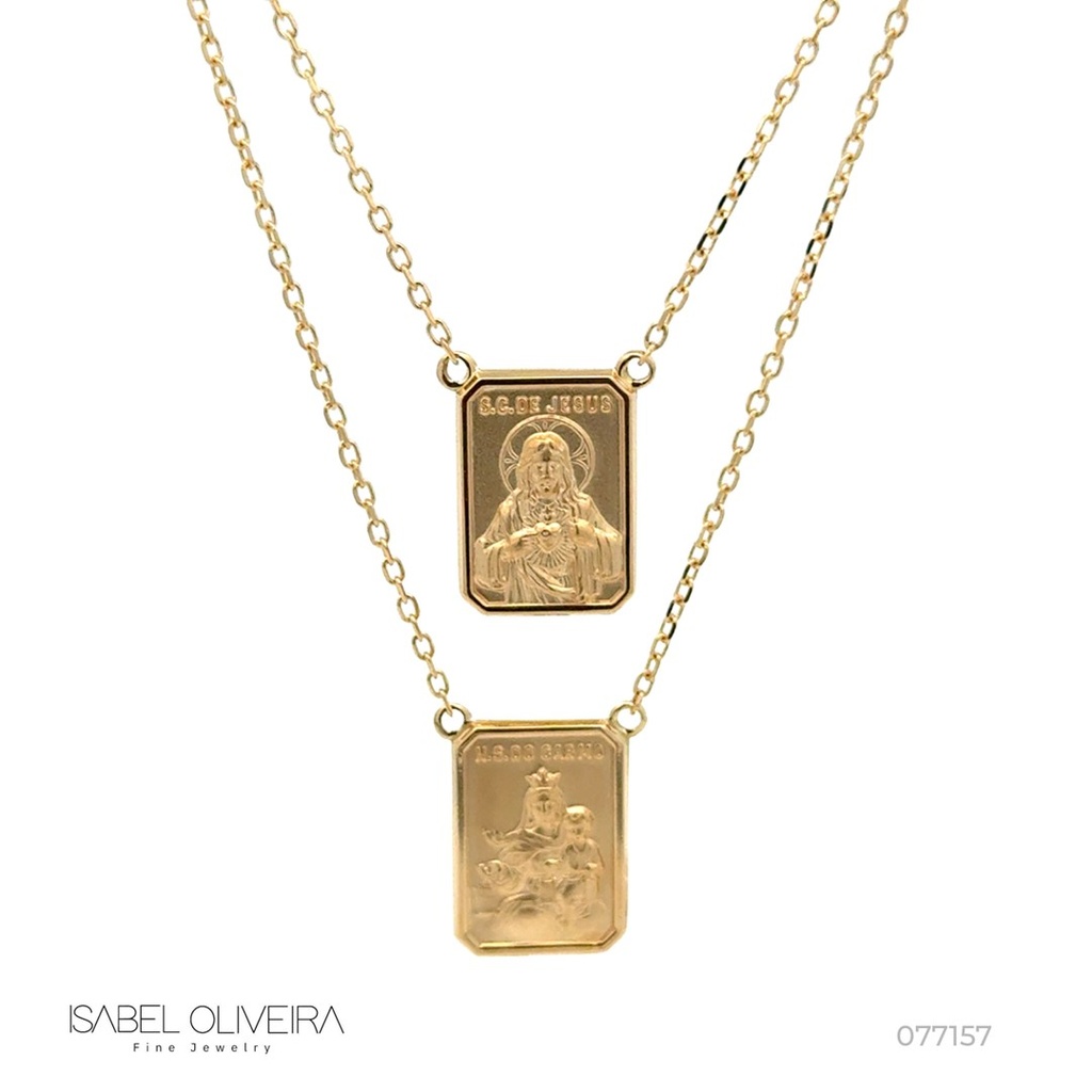 ESCDU60AM-Escapulário Face Dupla Retangular 12x17mm Sagrado Coração de Jesus e Nossa Sra Carmo Corrente Cartier 60cm 7,48g Ouro Amarelo 18k - Coleção Escapulário