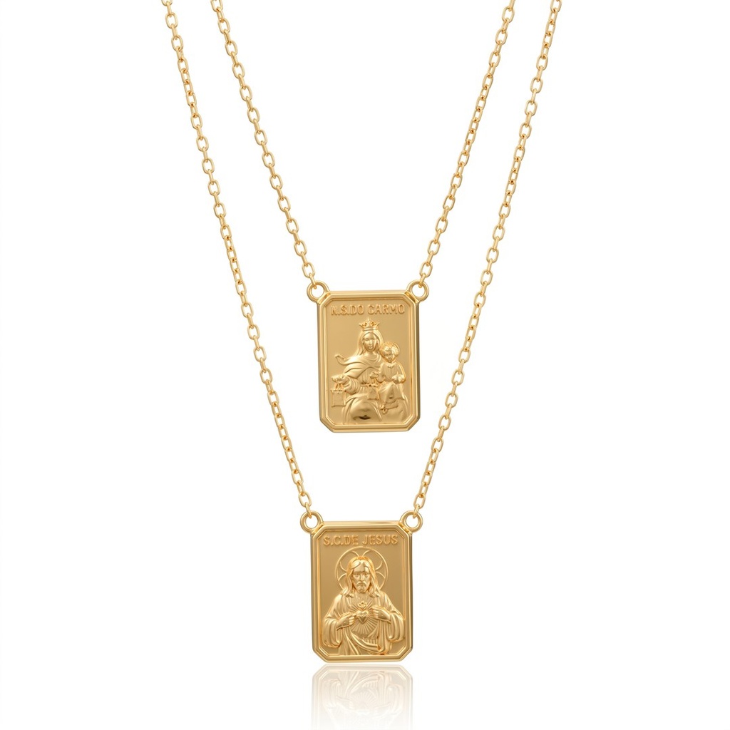 [077157] ESCDU60AM-Escapulário Face Dupla Retangular 12x17mm Sagrado Coração de Jesus e Nossa Sra Carmo Corrente Cartier 60cm 7,48g Ouro Amarelo 18k - Coleção Escapulário