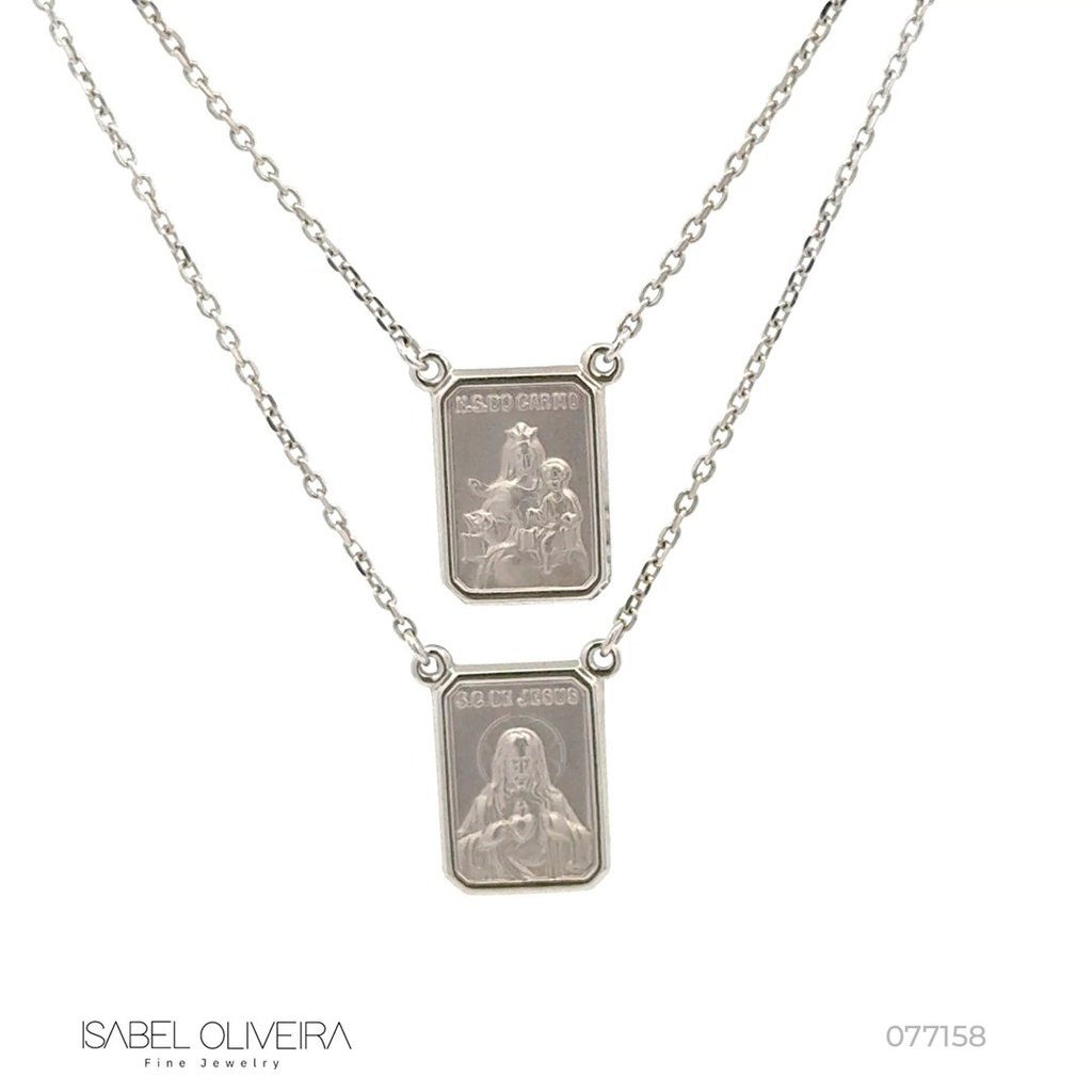 ESCDU60BP-Escapulário Face Dupla Retangular 9x12mm Sagrado Coração de Jesus e Nossa Sra Carmo Corrente Cartier 60cm 4,20g Ouro Branco 18k - Coleção Escapulário