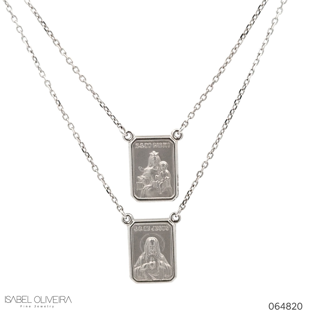 ESCDU60BP-Escapulário Retangular Sagrado Coração de Jesus e Nossa Sra Carmo 9x12mm Corrente Cartier Fechada 60cm 4,14g Ouro Branco 18k - Coleção Escapulário