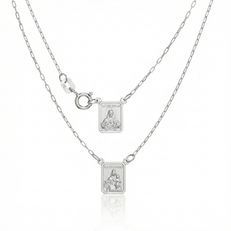 [066049] ESCDU60BPP-Escapulário Infantil Face Dupla Retangular 6x8mm Sagrado Coração de Jesus e Nossa Sra Carmo Corrente Cartier 48cm 2,00g Ouro Branco 18k - Coleção Escapulário