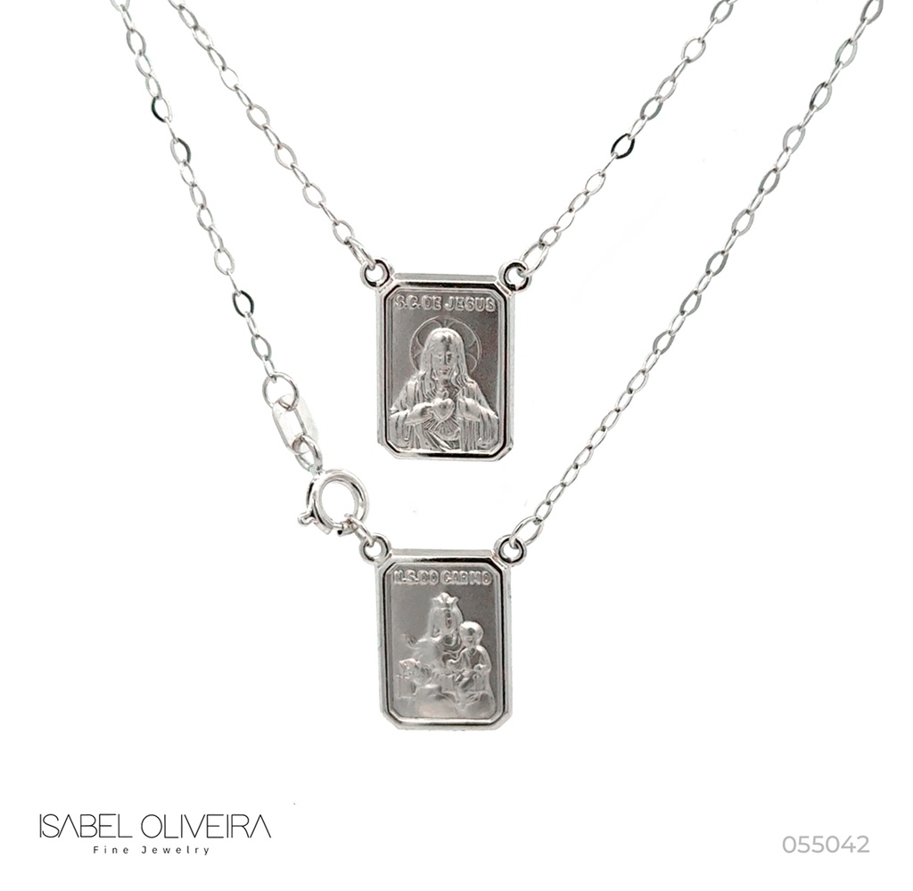 ESCSI48BP-Escapulário Infantil Face Simples Retangular 9x12mm Sagrado Coração de Jesus e Nossa Sra Carmo Corrente Cartier 48cm 2,00g Ouro Branco 18k - Coleção Escapulário