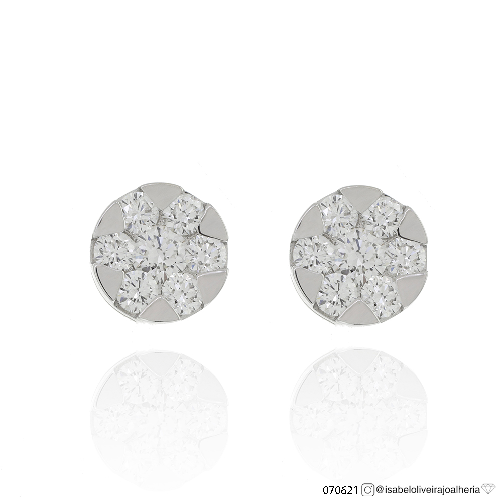 [070621] Brinco Botão 10mm com 14 Diamantes 1,64ct em Ouro Branco 18k