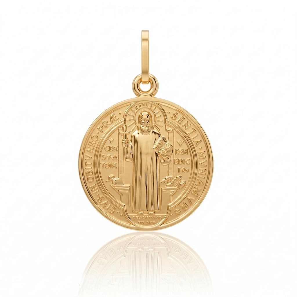 [036983] G-Medalha Redonda São Bento 17mm 2,00g Ouro Amarelo 18k - Coleção Fe Santos