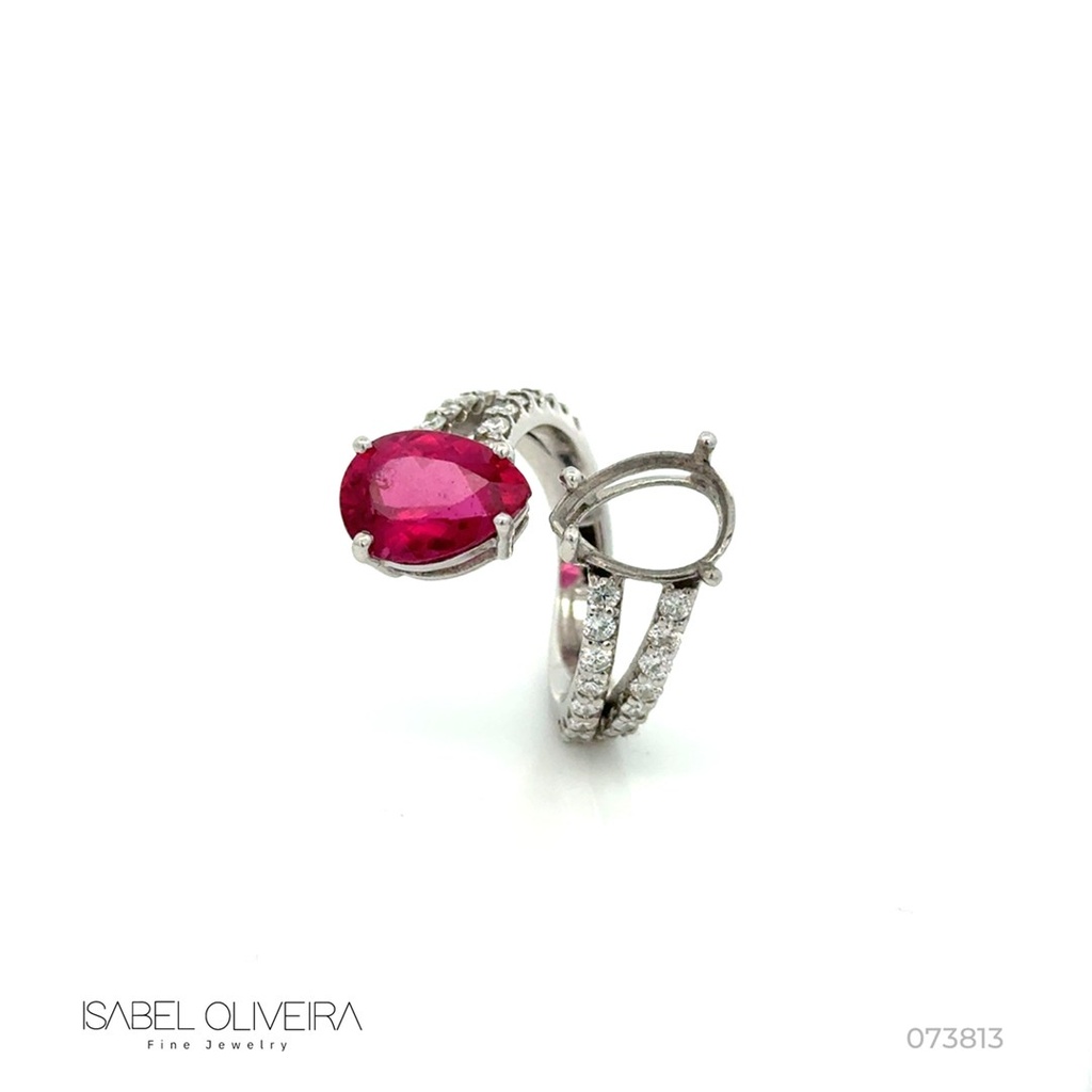Garra Anel Torcido Aro Duplo Tanzanita Gota 3,97ct Rubelita Gota 3,83ct 28 Brilhantes 1,02ct 9,07g Ouro Branco 18k - Coleção True Colors