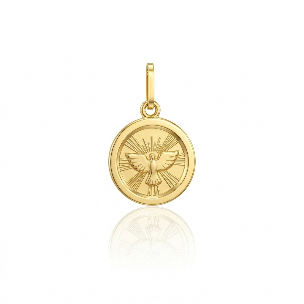 [036969] Medalha Redonda Divino Espírito Santo Pequeno 0,60g Ouro Amarelo 18k - Coleção Fe Santos