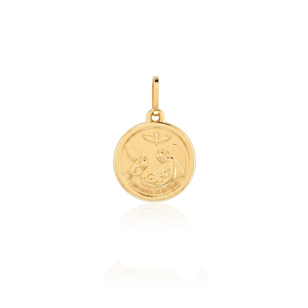 [069205] Medalha Redonda Lembrança Batismo com Forro 14mm 1,15g Ouro Amarelo 18k - Coleção Fe Santos