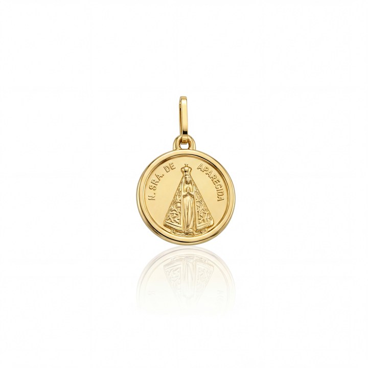 [055111] Medalha Redonda Nossa Senhora Aparecida Forro 14mm 1,15g Ouro Amarelo 18k - Coleção Fe Santos
