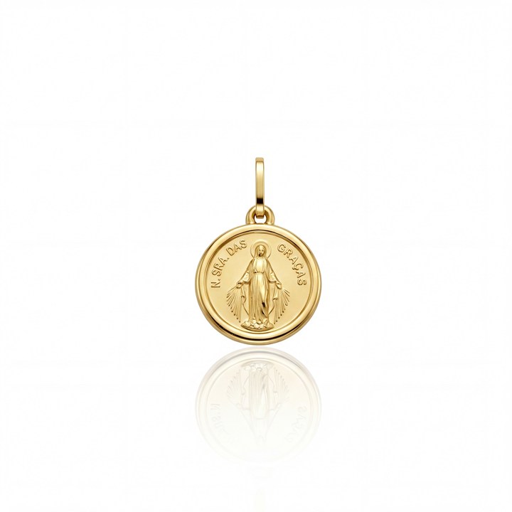 [069203] Medalha Redonda Nossa Senhora das Graças com Forro 14mm 1,15g Ouro Amarelo 18k - Coleção Fe Santos