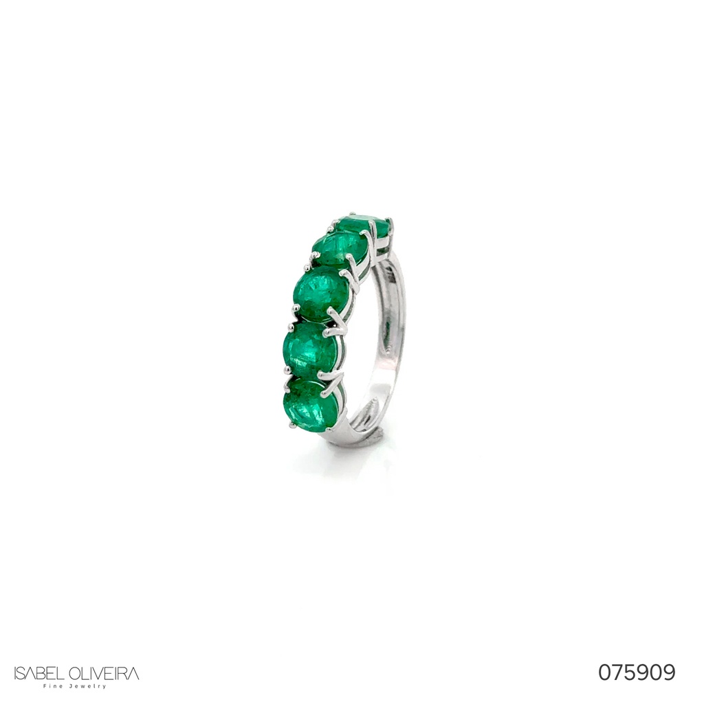 Meia Aliança Dedinho 5 Esmeraldas Brasileiras Redonda 2,33CT 2,56G Ouro Branco 18K - Coleçao Brazilian Emerald