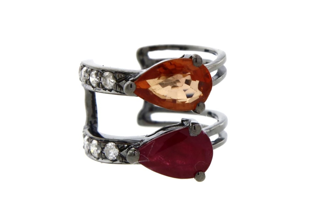 [040414] Piercing Duplo de Encaixe 1 Rubi Gota 0,49ct 1 Safira Laranja Gota 0,52ct 8 Brilhantes 0,09ct Cor H VS2 1,50g Ouro Branco 18k - Coleção Young